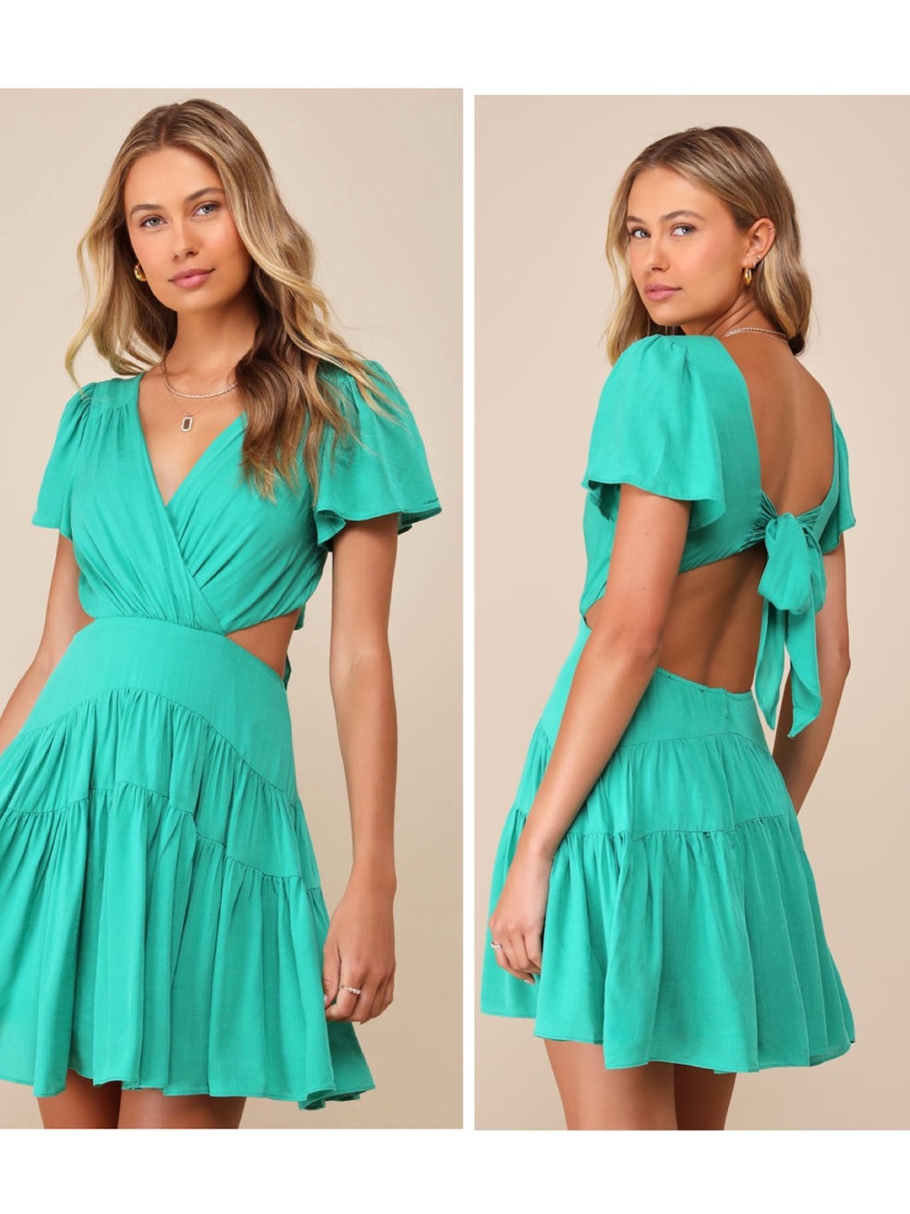 Lulus Feeling the Sunshine Green Tie-Back Flutter Sleeve Mini Dress Size Small
